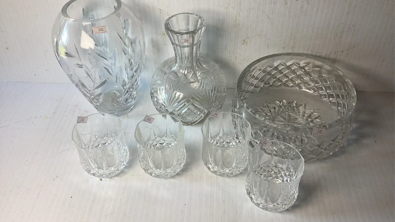Waterford Crystal Bowl, (4) Cristal D’Arques Whiskey Glasses, 2 Crystal Vases