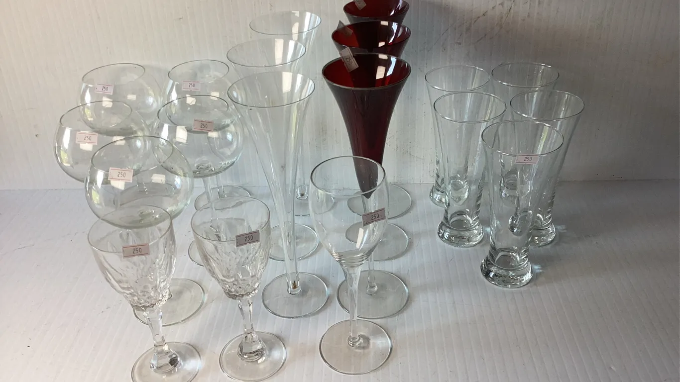 Assortment of Clear Glass Goblets, Water Glasses and Champagne Glasses