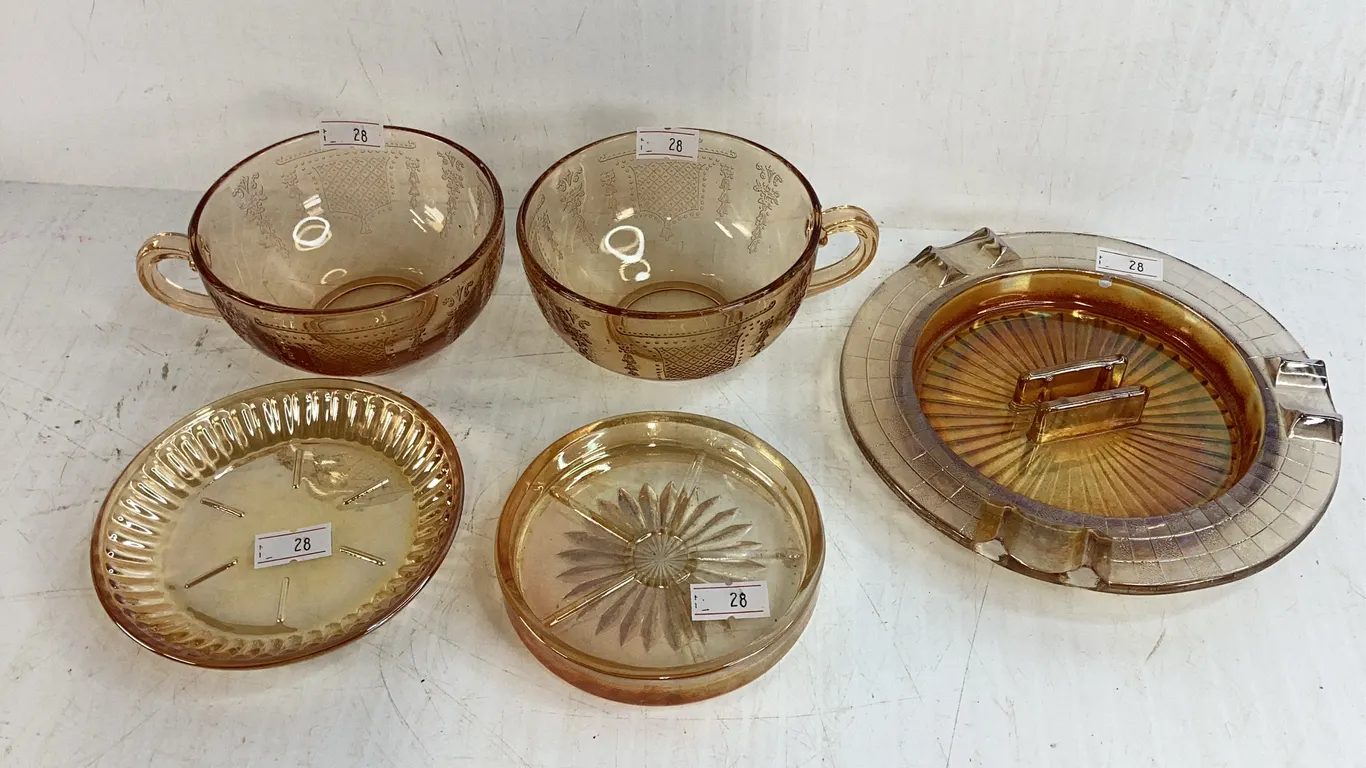 Carnival Glass Ashtray, Carnival Glass Tea Cups, Carnival Glass Coasters
