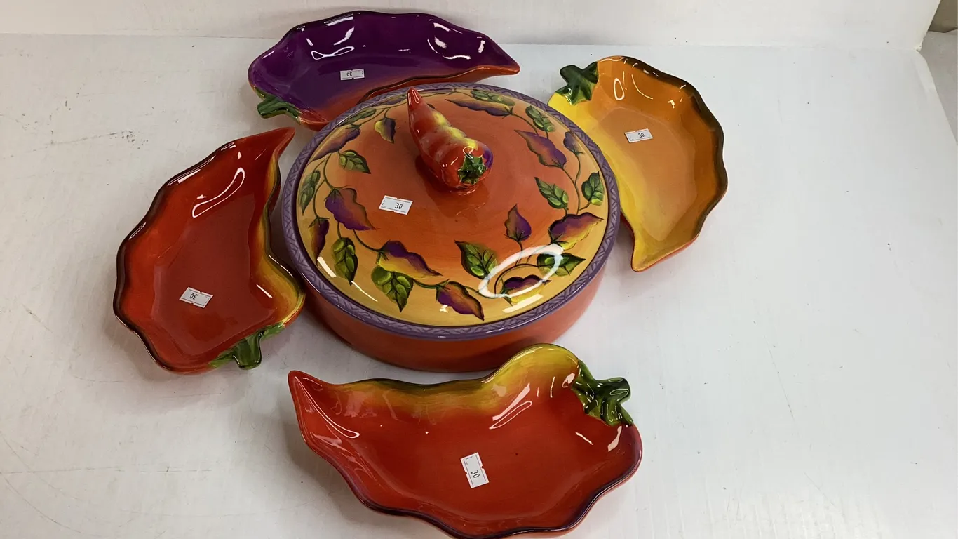 Clay Art “Chili Fiesta” Tortilla Warmer and Serving Bowls