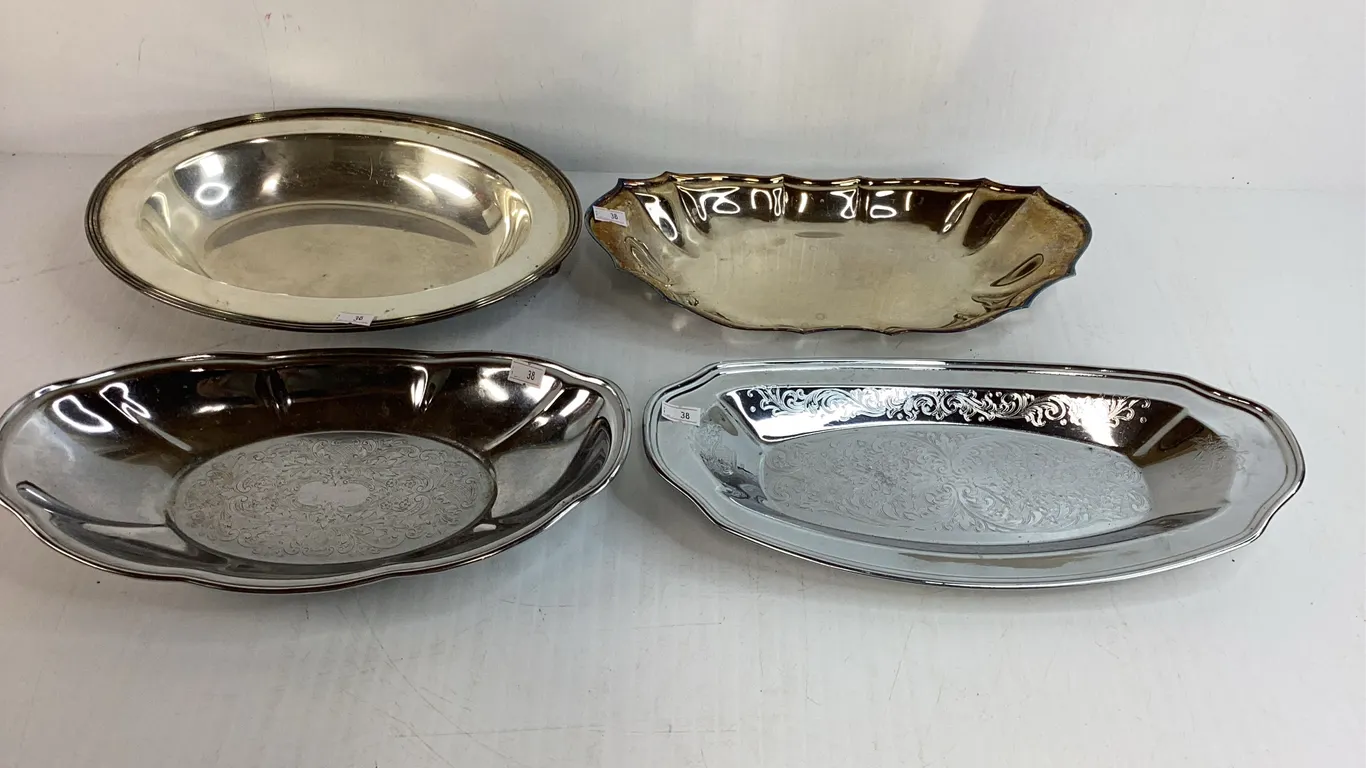 2 Silver Plated Serving Trays, 2 Chrome Plated Serving Trays