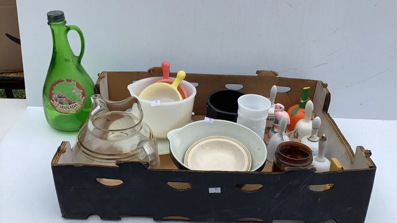 Assortment of Glass Bells, Dishes, Bowls, Pitcher, Bottle