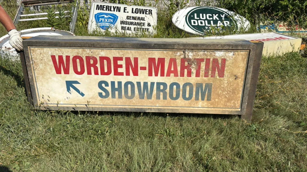 Double-sided advertising sign for WORDEN-MARTIN, featuring 'SHOWROOM' on one side and 'SERVICE' on the other, approximately 72 inches long