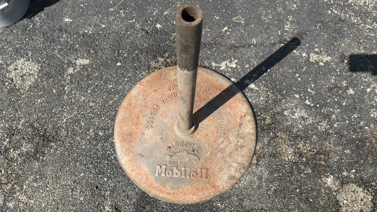 Vintage Mobiloil Socony Vacuum Gargoyle Cast Iron Advertising Sign Stand Base with Pole