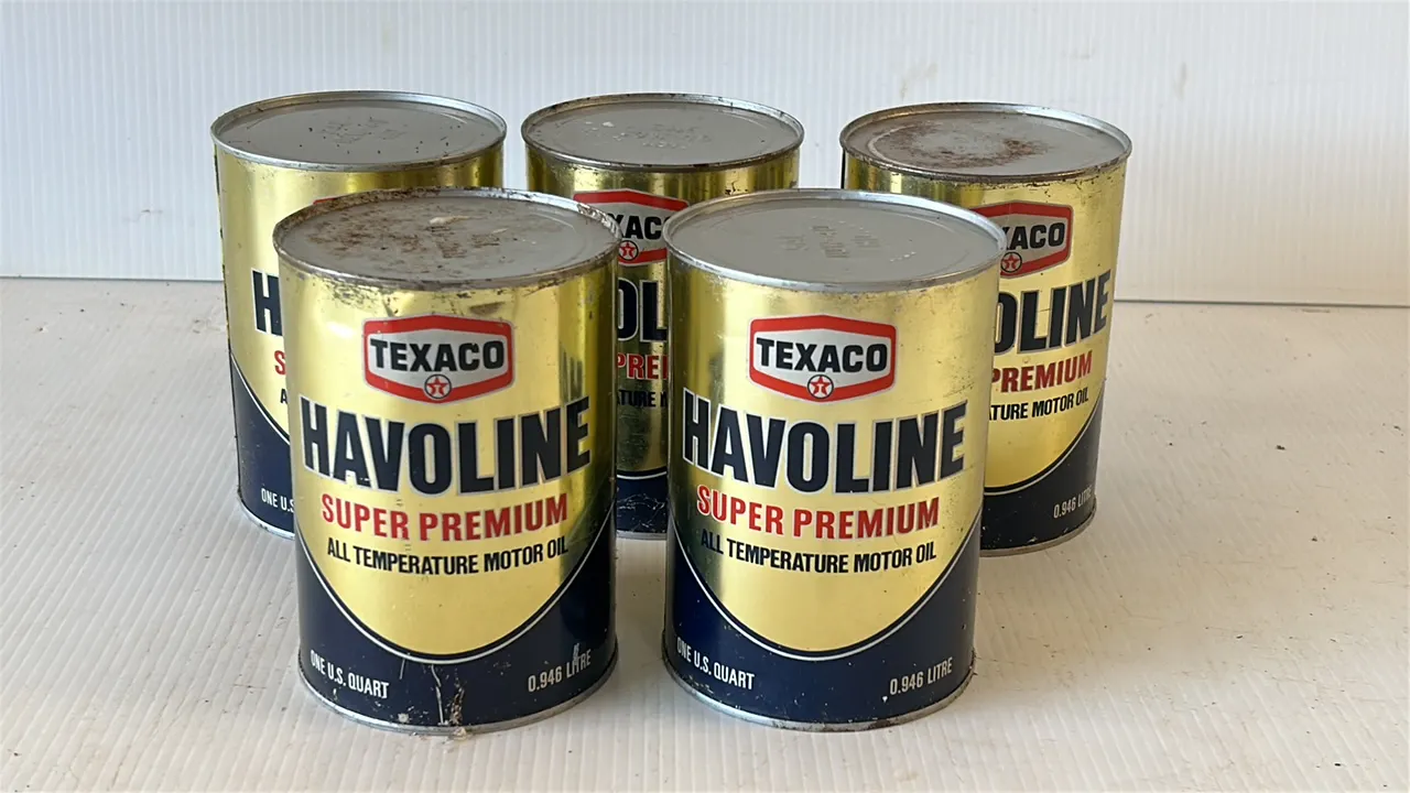 Lot of 5 Texaco Havoline Super Premium All Temperature Motor Oil Cans, One U.S. Quart