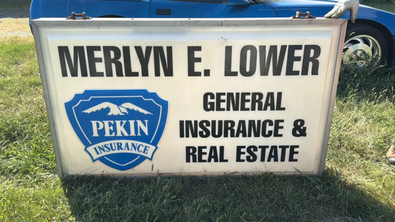 Illuminated Business Sign for Merlyn E. Lower, Pekin Insurance, General Insurance & Real Estate, approx. 60 inches long