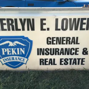 Illuminated Business Sign for Merlyn E. Lower, Pekin Insurance, General Insurance & Real Estate, approx. 60 inches long