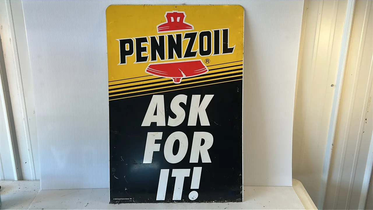 Pennzoil Advertising Sign, 1990, 'Ask For It!' Slogan, Yellow and Black