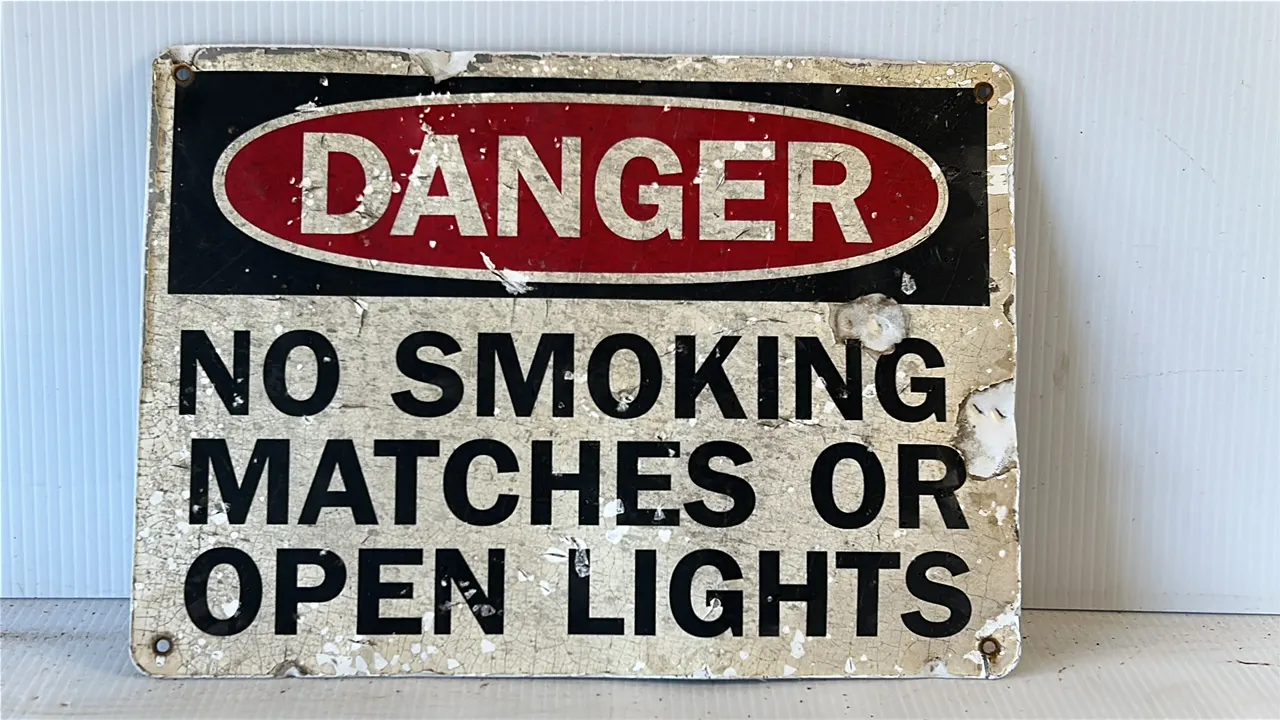 Vintage Metal Warning Sign, DANGER NO SMOKING MATCHES OR OPEN LIGHTS