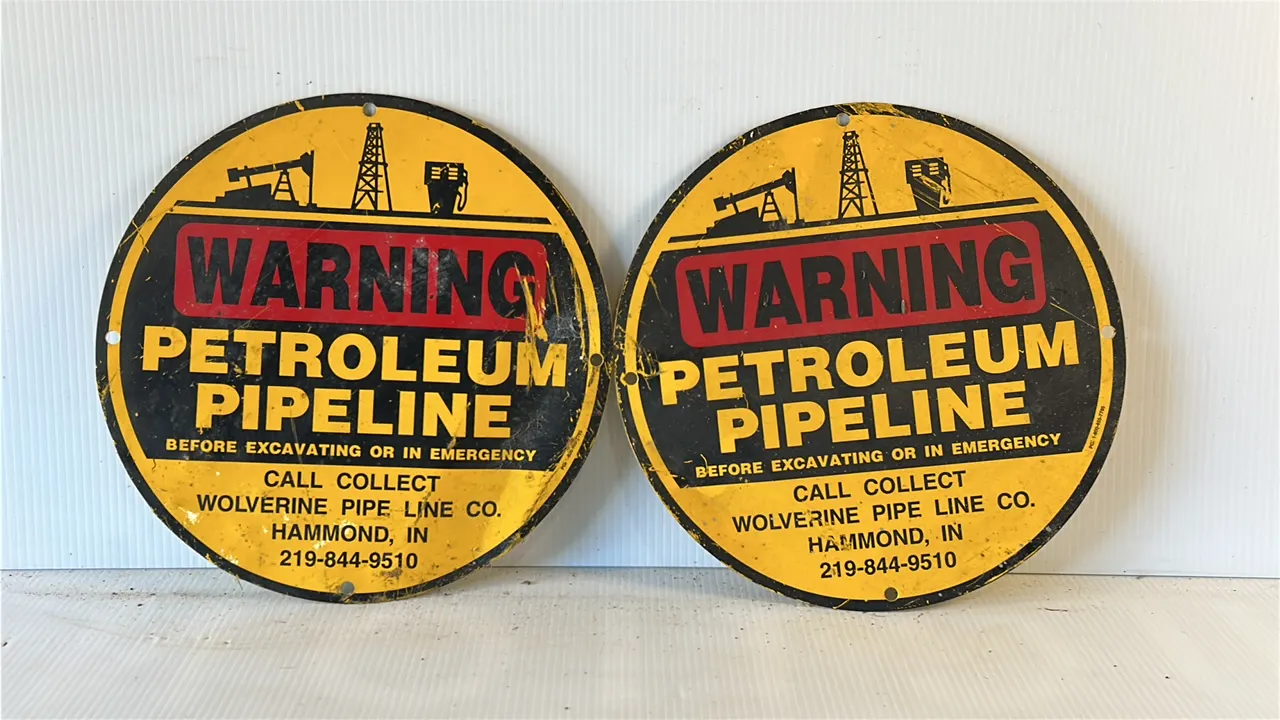 Pair of Wolverine Pipe Line Co. Petroleum Pipeline Warning Signs, Hammond, IN, 20-inch diameter