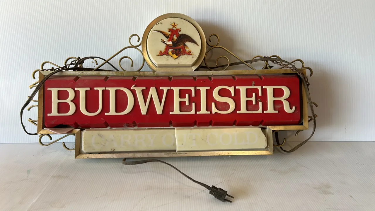 Budweiser Vintage Illuminated Sign with Eagle Logo and 'Carry Out Cold' Text