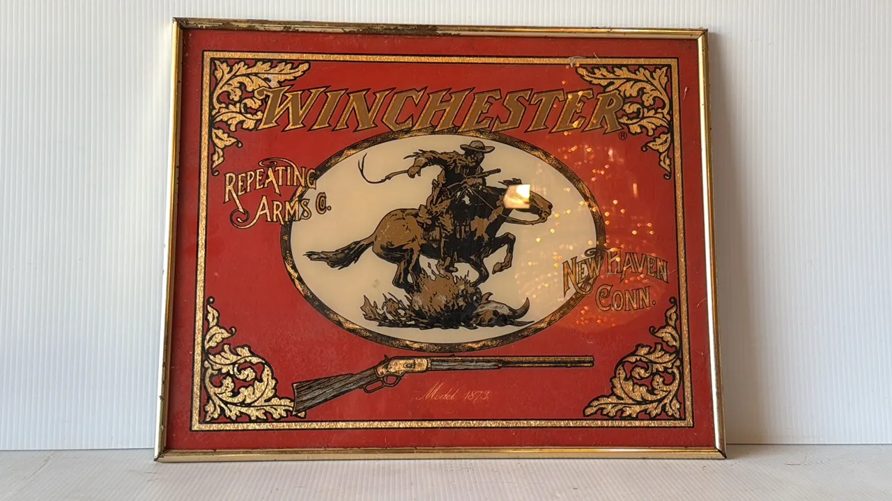 Winchester Advertising Mirror, Model 1873 Rifle, Cowboy on Horseback