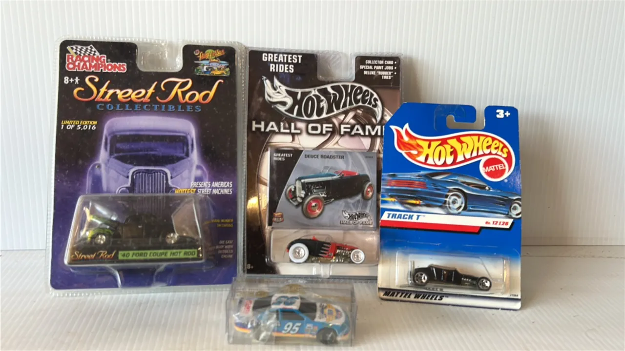 Lot of Collectible Die-Cast Model Cars: Hot Wheels Hall of Fame Deuce Roadster, Hot Wheels Track T, Racing Champions Street Rod '40 Ford Coupe Hot Rod