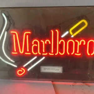 Marlboro Neon Sign with Cigarette and Smoke Motif, Surgeon General's Warning, approximately 25 inches wide