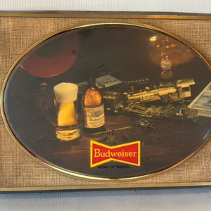 Vintage Budweiser Illuminated Advertising Sign with Oval Image of Beer, Bottle, and Model Train