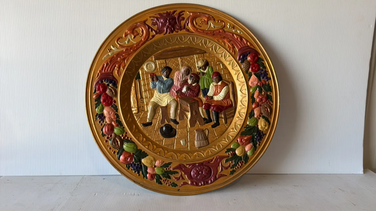 Decorative Wall Plate with Relief Scene and Colorful Fruit Border