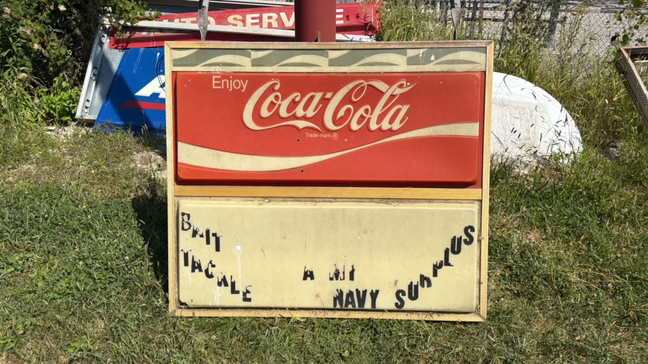 Vintage Coca-Cola Two-Panel Advertising Sign with Bait Tackle Army Navy Surplus
