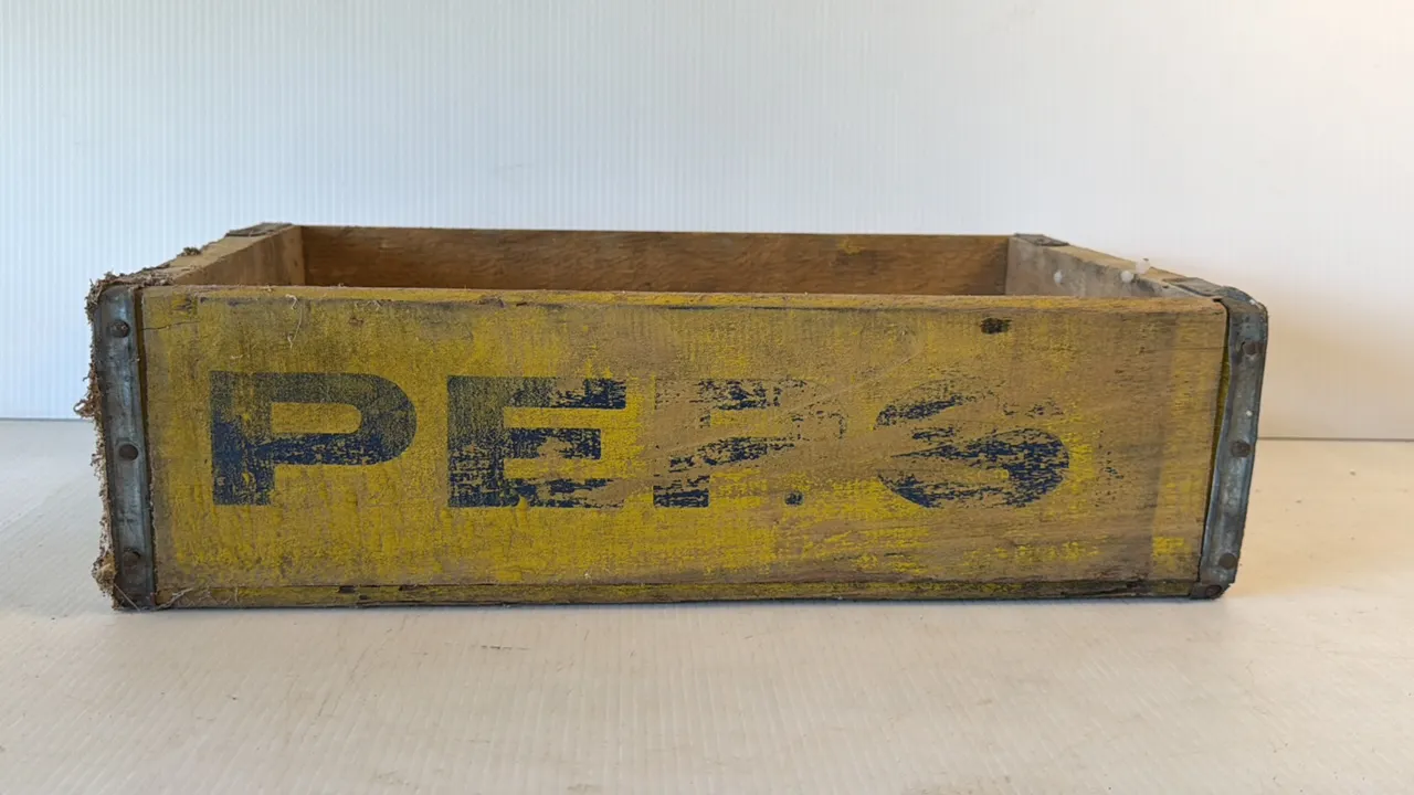 Vintage Pepsi Wooden Crate with Yellow Paint and Blue Lettering