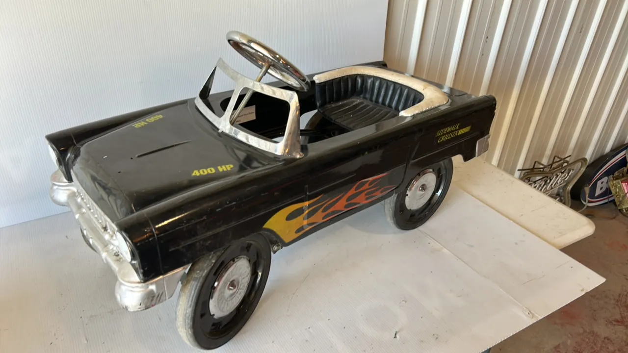 Pedal Car, Sidewalk Cruiser Convertible, Black with Flame Decals and 400 HP Hood Detail