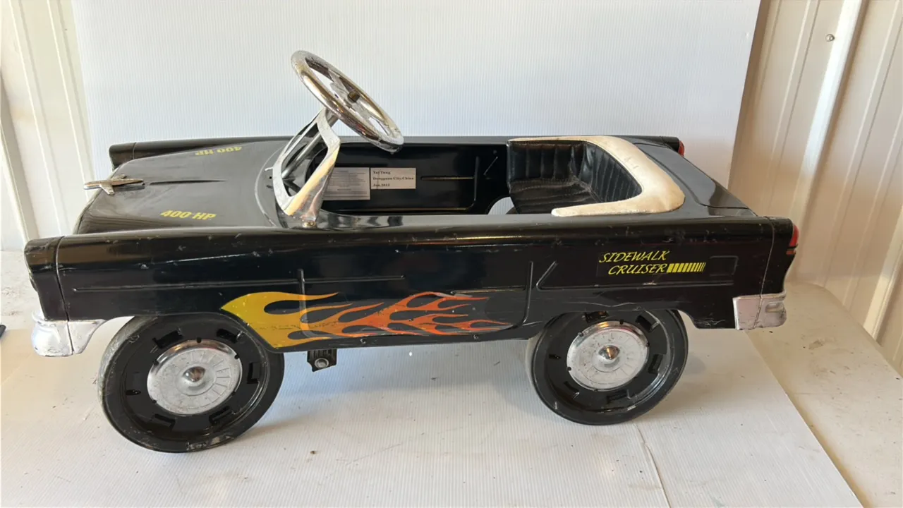 Pedal Car, Black with Flame Decals, 'Sidewalk Cruiser' and '400 HP' Graphics