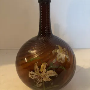 9� AMBER GLASS WITH HAND PAINTED FLOWERS