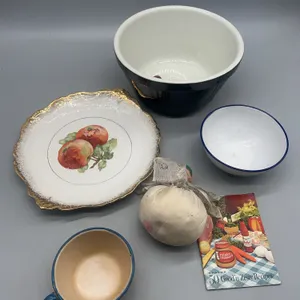 SWEDEN ENAMEL WARE, WELLSVILLE PEACH PLATE, CROCK BOWL & more