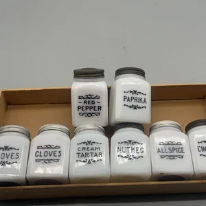VINTAGE FRANK�S DOVE BRAND MILK GLASS SPICE JARS - (black writing)