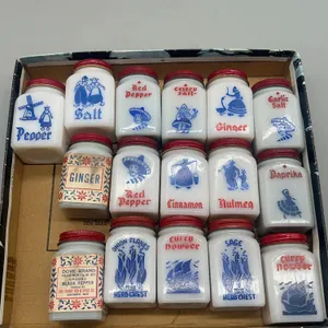 VINTAGE FRANK�S DOVE BRAND MILK GLASS SPICE JARS -red & blue writing