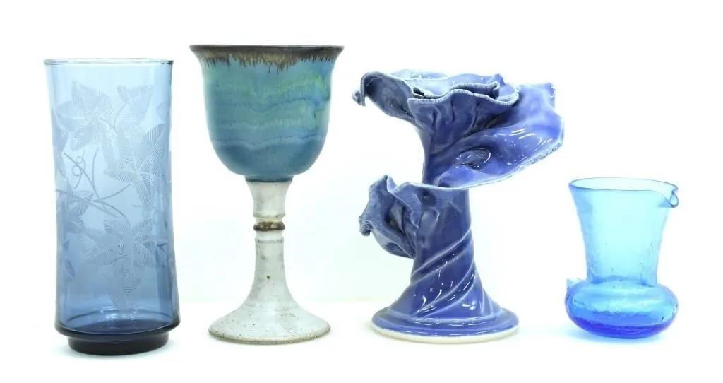 BLUE-TONE CERAMIC & GLASS GOBLET, VASE, PITCHER