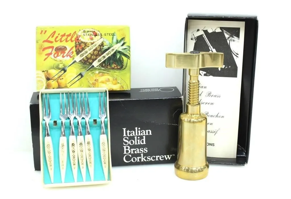 ITALIAN SOLID BRASS CORKSCREW & 6 LITTLE FORKS