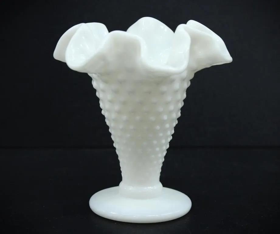 FENTON MILK GLASS HOBNAIL RUFFLED PEDESTAL VASE 4"