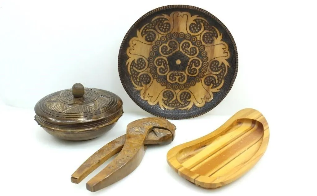 HAND CARVED WOODEN PLATE, NUT CRACKER, BOX & DISH