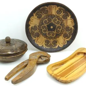 HAND CARVED WOODEN PLATE, NUT CRACKER, BOX & DISH