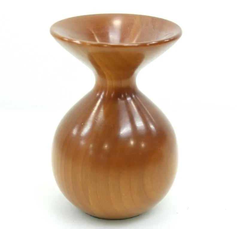 HAND TURNED WOODEN BUD VASE W/ GLASS INSERT