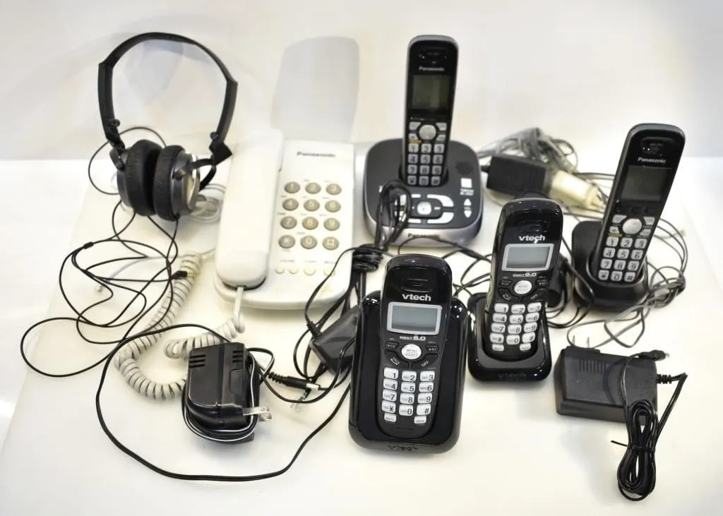 ASSORTED LANDLINE PHONES + HEADPHONES
