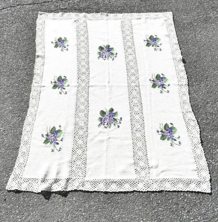 WHITE CROCHET BLANKET WITH PURPLE FLOWER PATTERNS