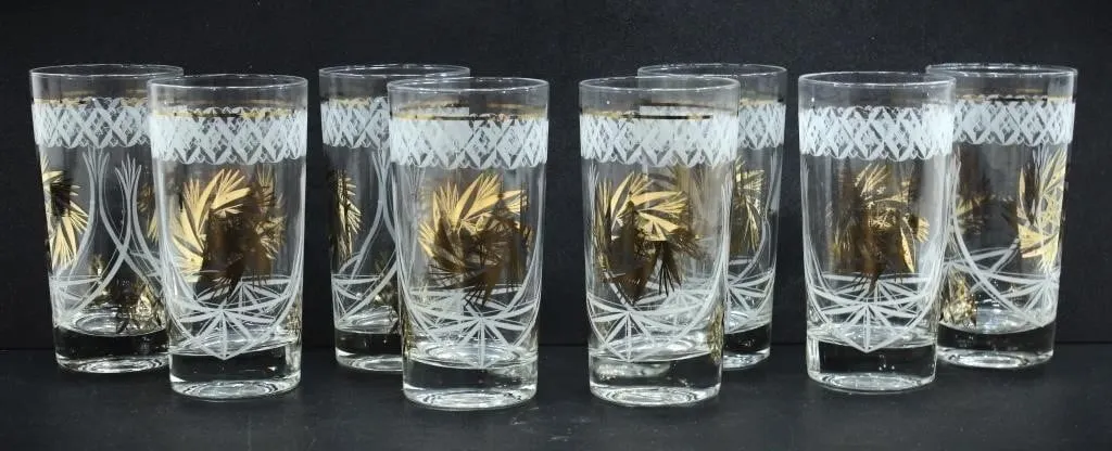 8 DOMINION GLASS GOLD PINWHEEL ETCHED GLASSES