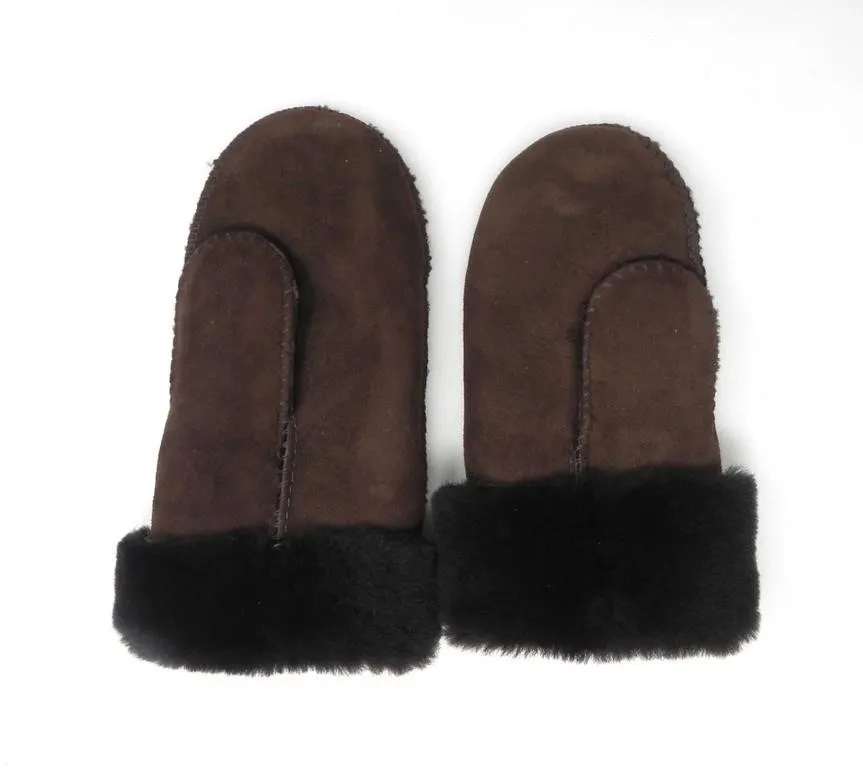 PAIR OF DARK BROWN SHEARLING MITTENS