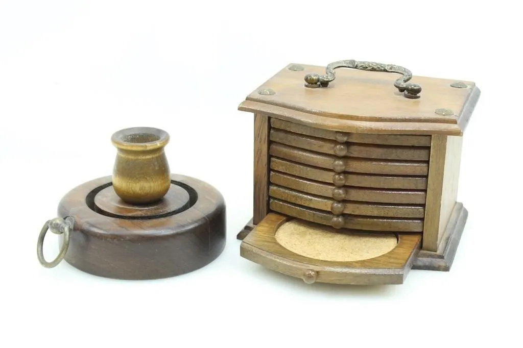 WOODEN COASTERS & A WOODEN CANDLE HOLDER