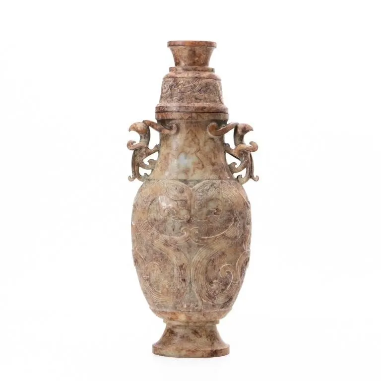 CHINESE ARCHAISTIC CARVED HARDSTONE COVERED VASE