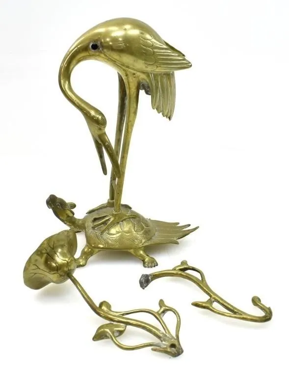 BRASS CRANE & TURTLE DRAGON CANDLE HOLDER