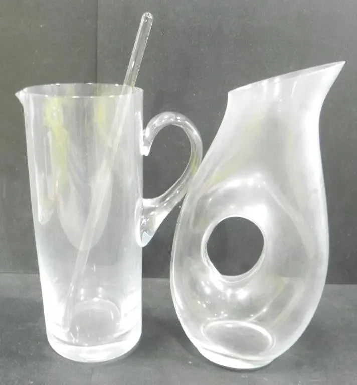 2 GLASS PITCHERS WITH STIRING ROD