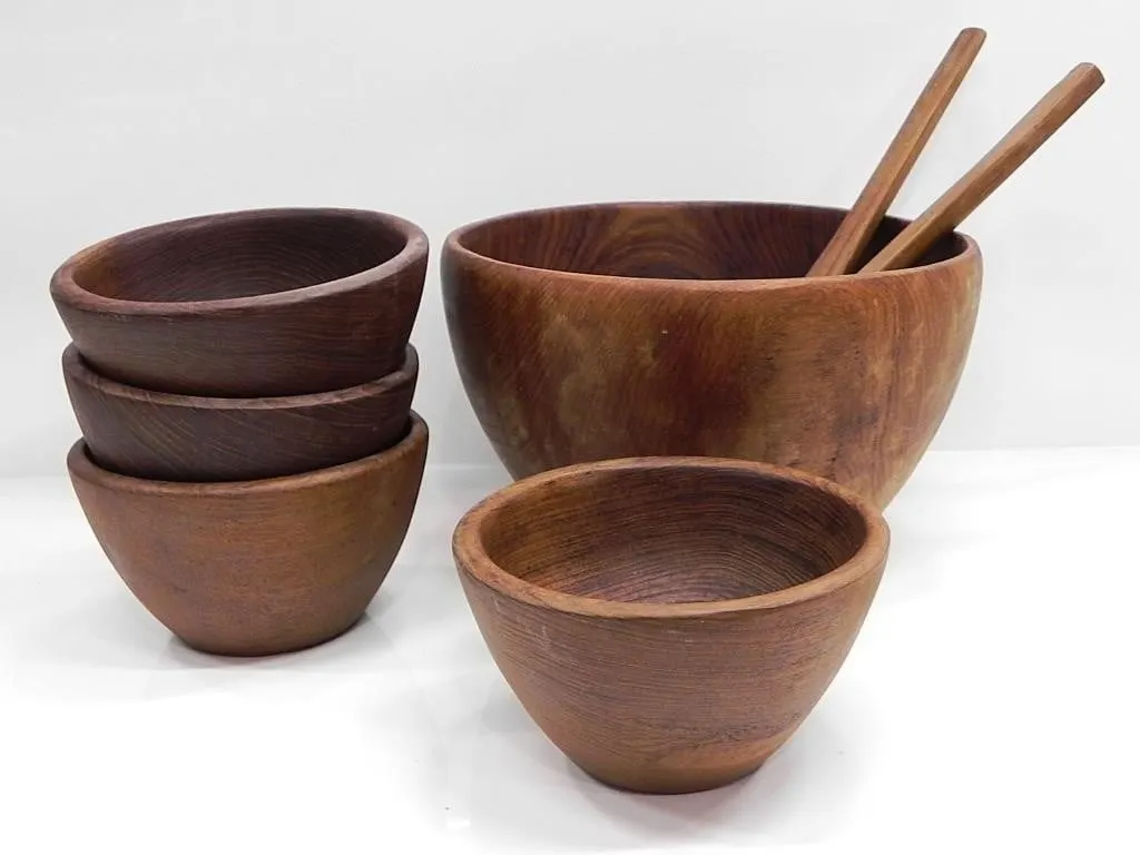 THAI TEAK DINNER BOWL SET WITH SERVING UTENSILS