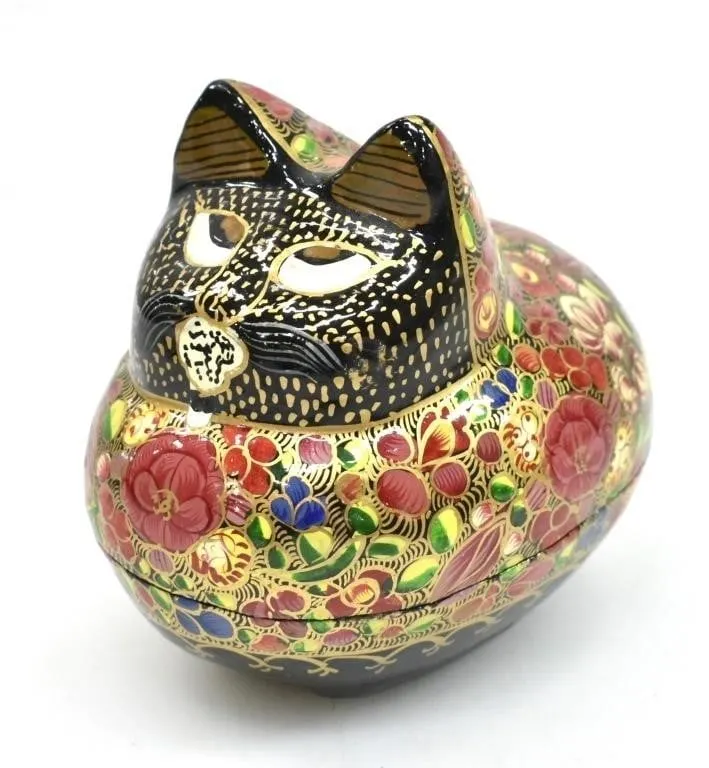 HAND PAINTED PAPIER MACHE CAT TRINKET BOX