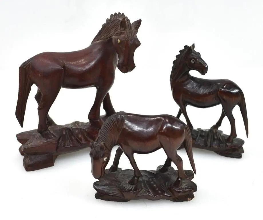 HAND CARVED BOXWOOD HORSE FIGURES
