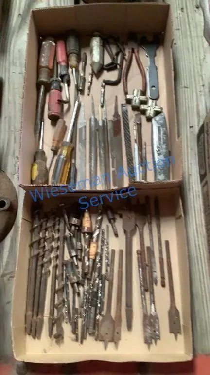 FILES, SCREWDRIVERS, PLUMB BOB, PUNCHES, DRILL