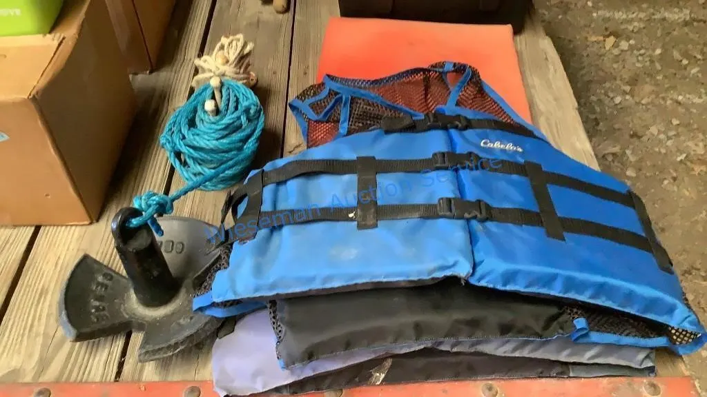 BOAT ANCHOR AND ROPE, LIFE JACKETS