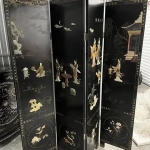 4-PANEL ORIENTAL SCREEN WITH RAISED FIGURES IN LAN