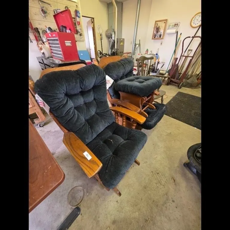 Dark Green Upholstered Glider Rocker with Ottoman