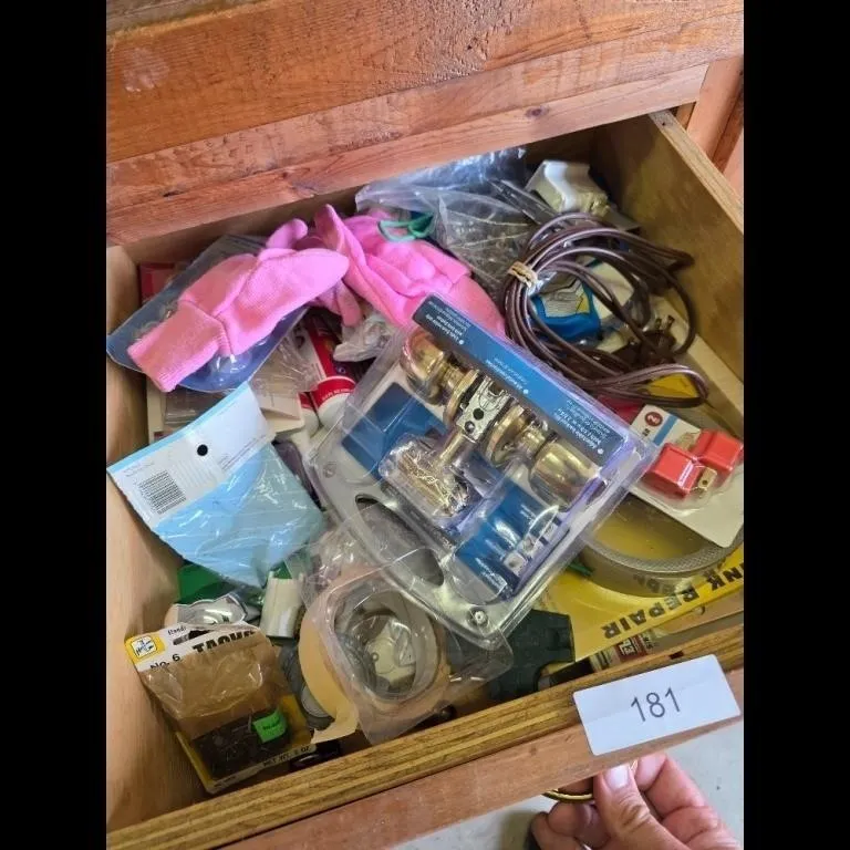 Assorted Hardware, Tools, and Supplies Drawer Lot